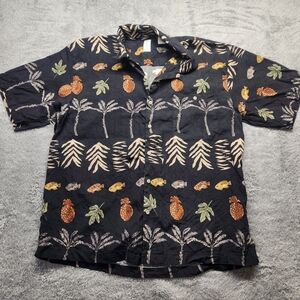 Burma Bibas 100% Silk Sz L Large Tropical Black Hawaiian Shirt Top